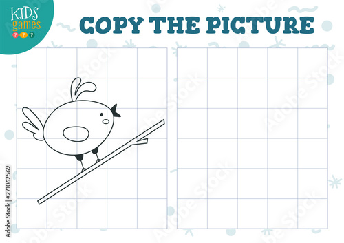 Copy picture by grid vector illustration. Educational mini game, puzzle for preschool kids