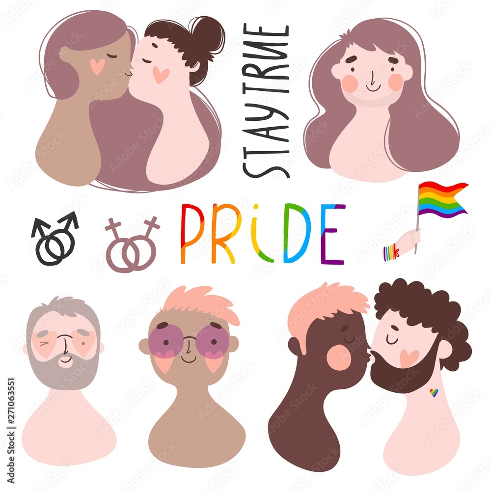 Love is love. Gay pride. LGBTQ. Set of different people, couple in love.  Cartoon styled llustrations and lettering collection good for stickers,  prints, tatoo design, cards. In gental colors. Stock Vector |