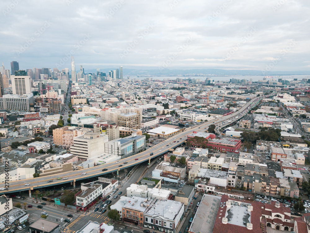 Downtown San Francisco evening traffic aerial landscape views