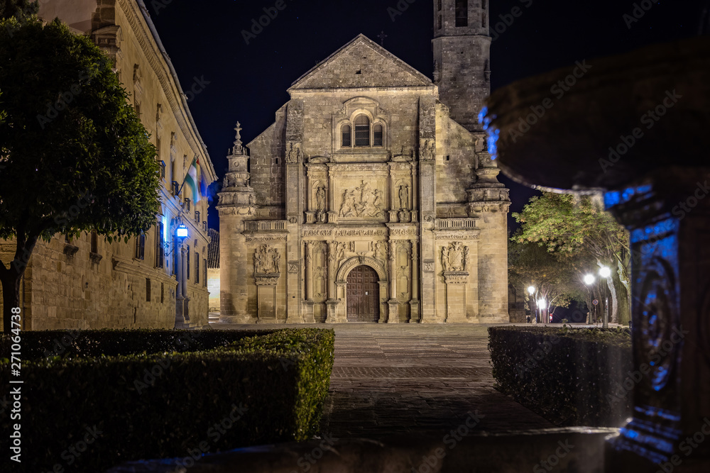 Sacra Chapel of the Savior in Úbeda at night.  Renaissance chapel with plateresque facade.