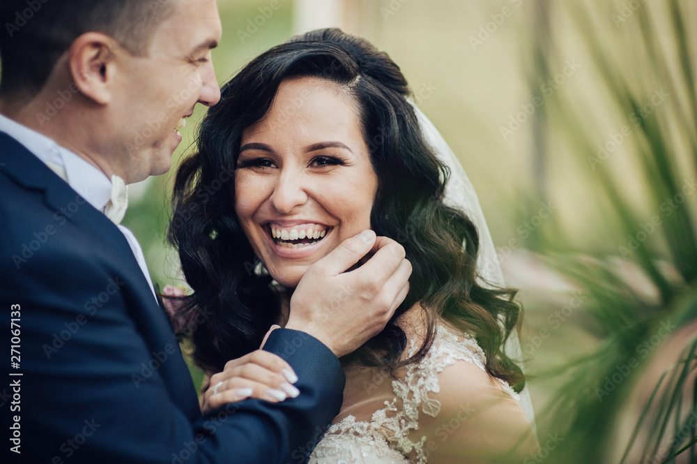 Beautiful bride and groom embracing and kissing on their wedding day. Beautiful bride and groom embracing and kissing on their wedding day.