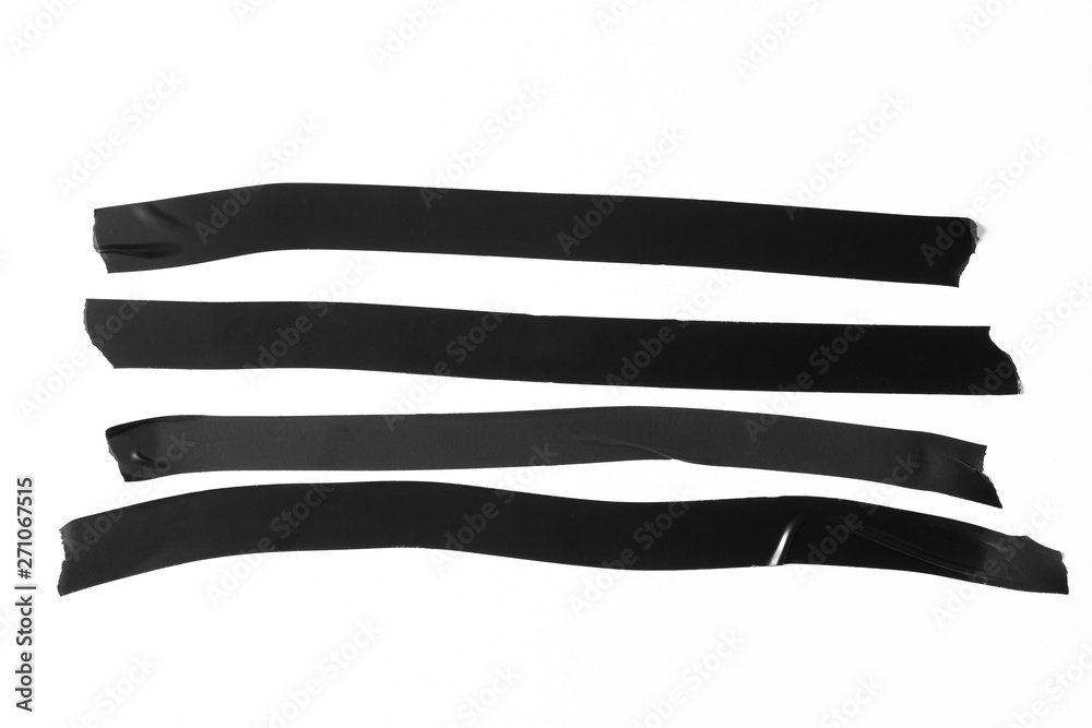 Set of black tapes on white background. Torn horizontal and different size black sticky tape, adhesive pieces. Set of black tapes on white background. Torn horizontal and different size black sticky tape, adhesive pieces.
