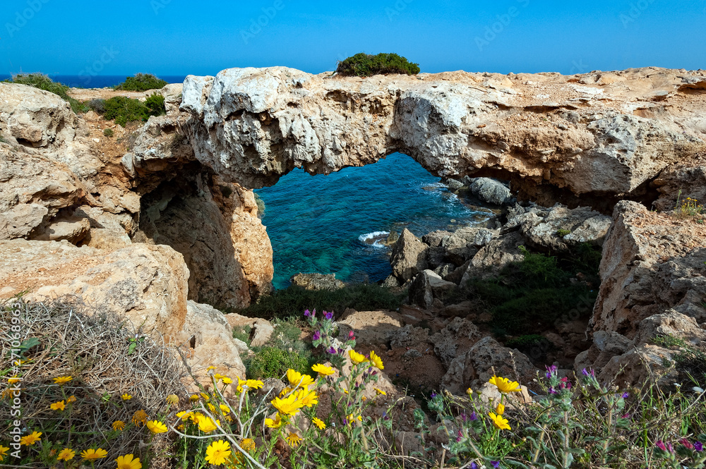 View of the Koraka Stone Arch at the area of Kavo Greco (Cape Greco) in Cyprus