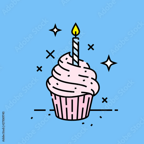 Pink birthday celebration cupcake line icon with candle on blue background. Vector illustration.
