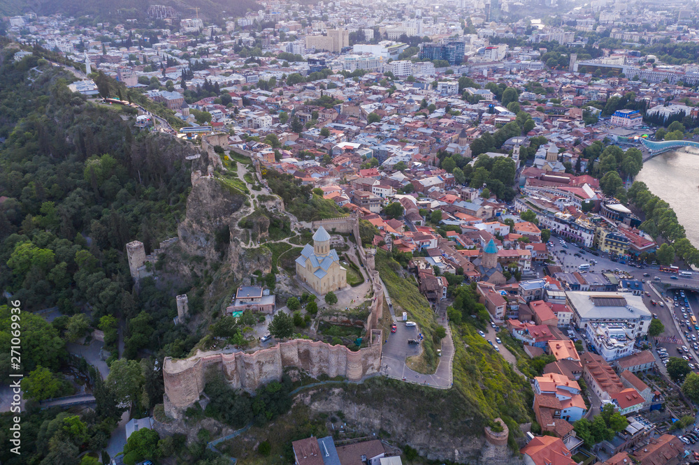 Aerial view of Church and Narikala Fortress in Tbilisi. Georgia.