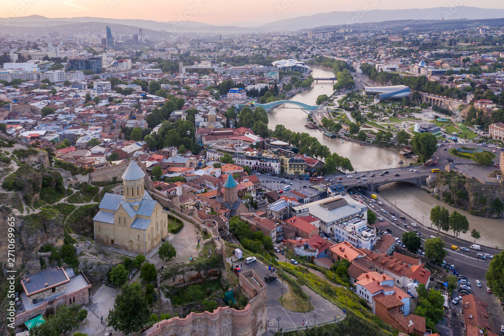 Aerial view of Church and Narikala Fortress in Tbilisi. Georgia.