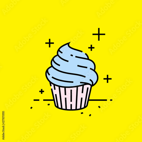 Sweet cupcake line icon on yellow background. Fresh dessert graphic. Vector illustration.