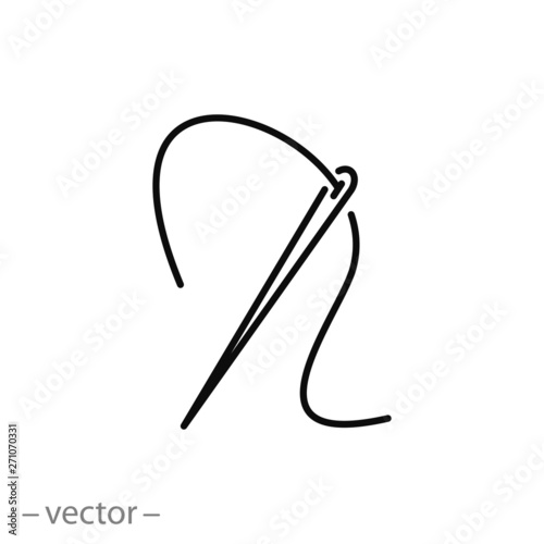 needle and thread icon, sew sign, stitch line symbol on white background - editable stroke vector illustration eps10