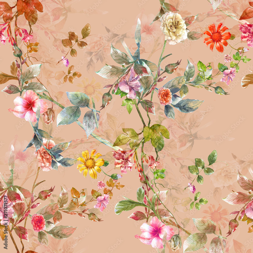 Watercolor painting of leaf and flowers, seamless pattern Watercolor painting of leaf and flowers, seamless pattern