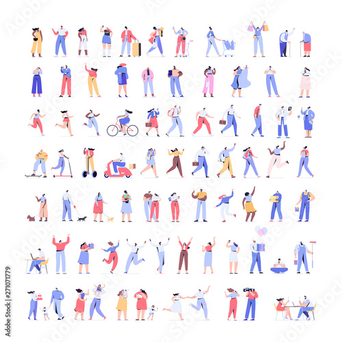 People kit - Part1. Crowd of people Huge Vector set. Different walking and running people. Male and female. Flat vector characters isolated on white background.