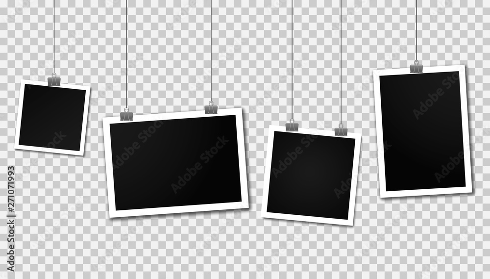 Vintage photo frames hanging on a clips. Set of photo frames. Realistic detailed photo icon design template. Blank photo frame hanging on a line. Vertical and horizontal template photo design - obrazy, fototapety, plakaty 