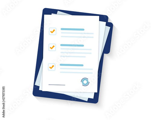 Contract papers. Document. Folder with stamp and text. Stack of agreements document with signature and approval stamp. Folder and stack of white papers