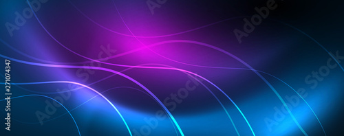 Trendy neon blue abstract design with waves and circles. Neon light glowing effect. Abstract digital background.