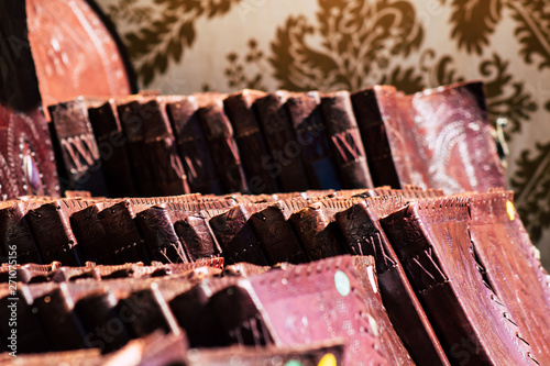 Closeup of traditional decorative objects sold in souvenirs shops in the streets of Reims in France photo