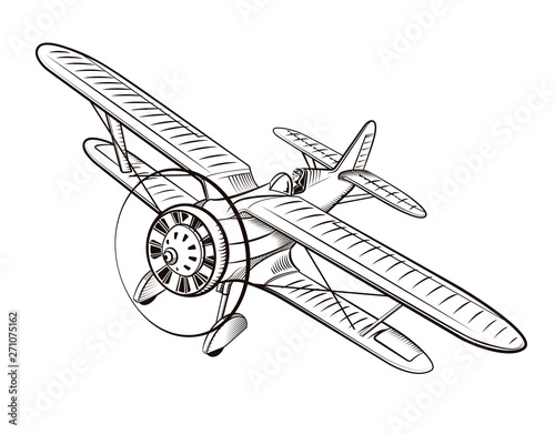 Old airplane, biplane, illustration in vintage style, Hand drawn retro plane