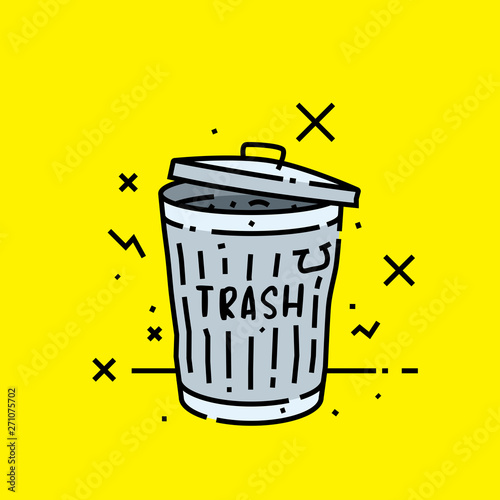 Old trash can line icon. Steel garbage rubbish bin graphic isolated on yellow background. Vector illustration.