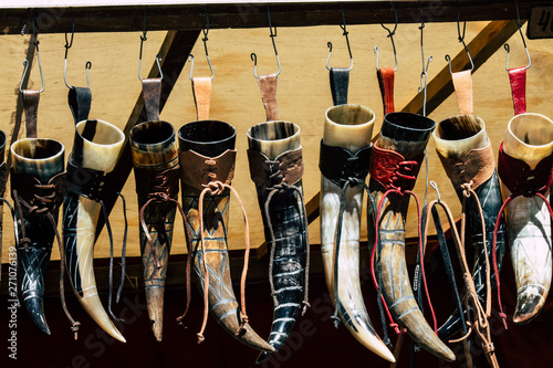 Closeup of traditional decorative objects sold in souvenirs shops in the streets of Reims in France photo