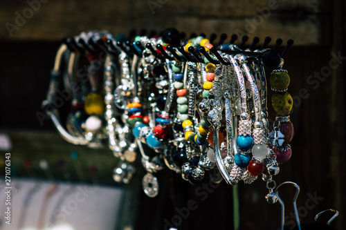 Closeup of traditional decorative objects sold in souvenirs shops in the streets of Reims in France photo