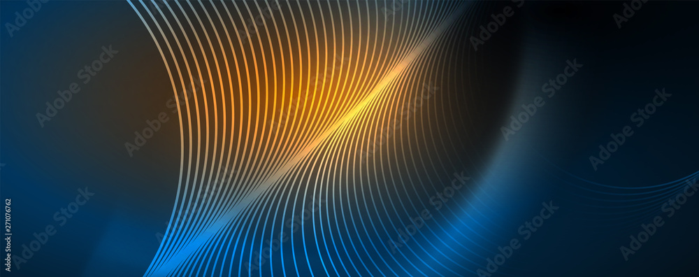 Trendy neon blue abstract design with waves and circles. Neon light glowing effect. Abstract digital background. Trendy neon blue abstract design with waves and circles. Neon light glowing effect. Abstract digital background.