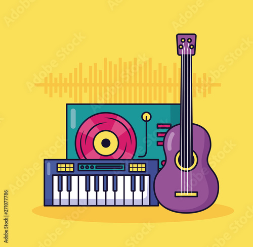 synthesizer guitar and turntable music colorful background