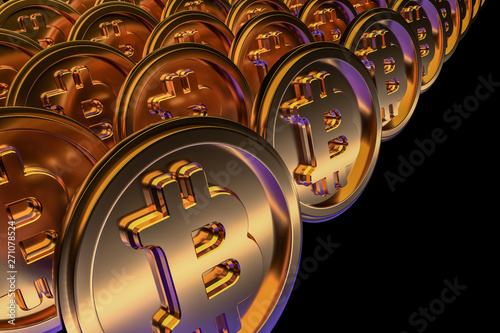 Golden bitcoin cryptocurrency coin on a black background. 3d render