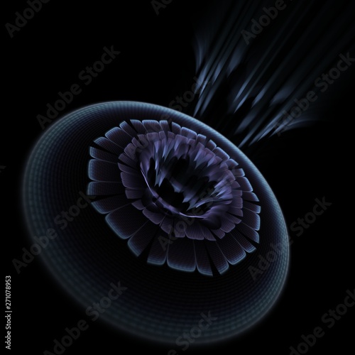 Font of Ancient Mystery - Abstract illustration / fractal flame. shows a 3D view of a round object consisting of concentric circles and features a burst of energy at its center. Colors: blue, purple.