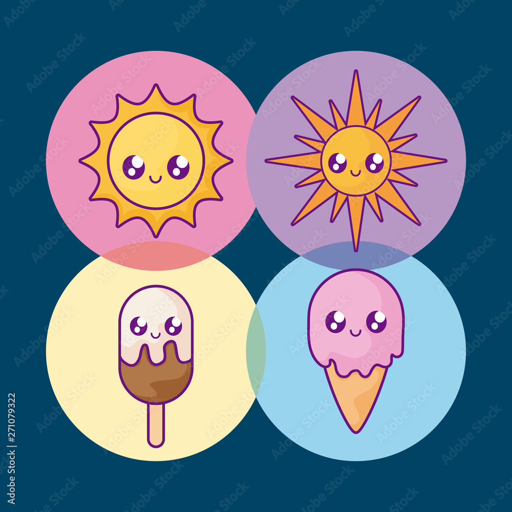 set of ice creams and suns kawaii