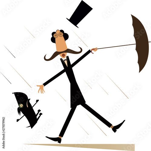 Windy and rainy day, man with a dog and umbrella isolated. Strong wind and rain, long mustache in the top hat man and dog caught up by the wind isolated on white illustration