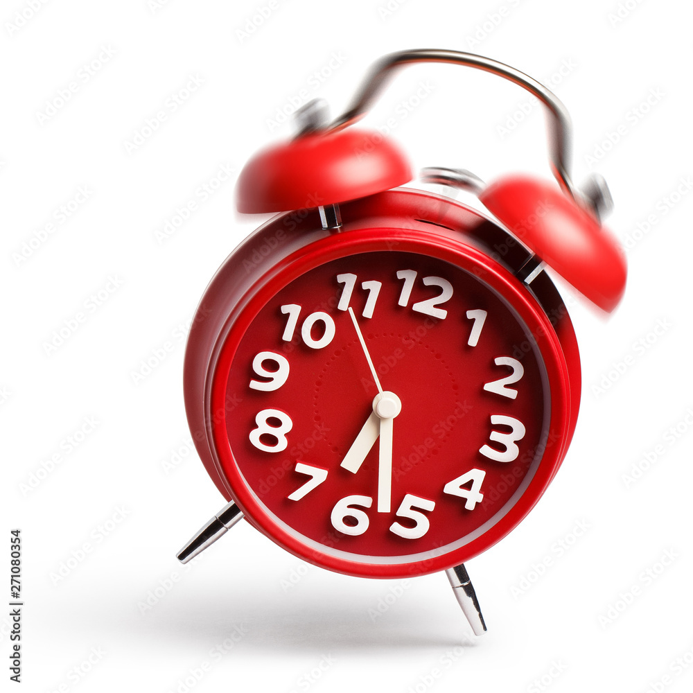 Ringing and jumping red alarm clock, isolated on white background Ringing and jumping red alarm clock, isolated on white background