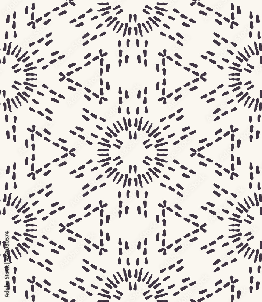 Seamless vector pattern. Star burst circle kaleidoscope. Repeating snowflake tile background. Monochrome surface design textile swatch, simple christmas gift wrap, black white minimal all over print