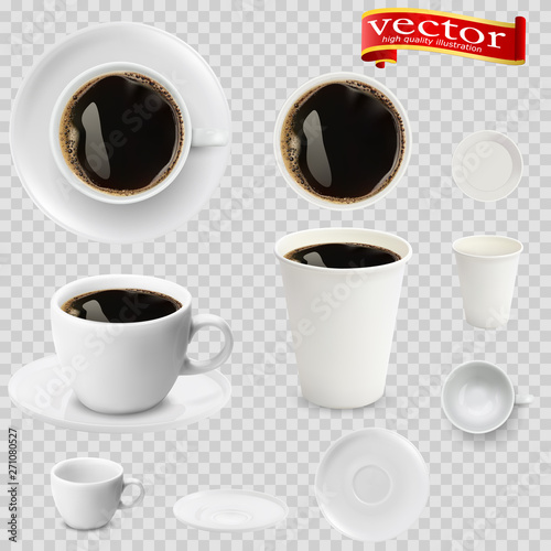 3d realistic espresso coffee in white cups view from the top and side. Espresso coffee in white paper Cups.