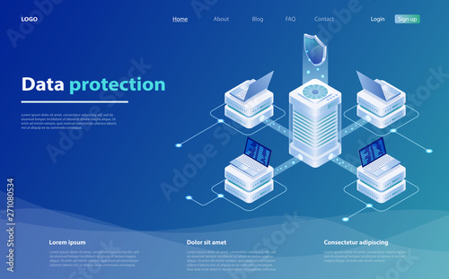 Data protection vector illustration with laptop and shield. Safety and confidential data protection. Online serves protection system concept. 