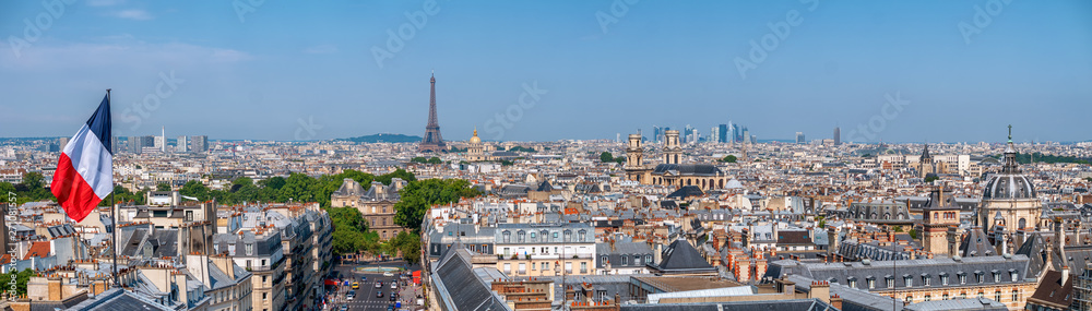 panoramic view of Paris with Eiffel Tower and French Flag