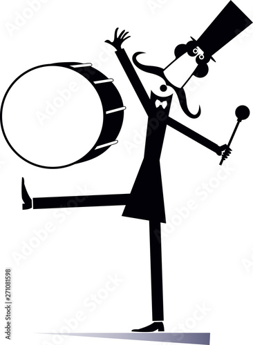 Funny mustache drummer isolated illustration. Mustache man in the top hat beats a big drum using drumstick black on white illustration