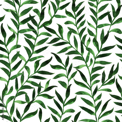 Watercolor floral seamless pattern. Hand drawing green branches with leaves. Design for fabrics, wallpapers, textiles, web design.