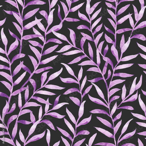 Watercolor floral seamless pattern. Hand drawing purple branches with leaves. Design for fabrics, wallpapers, textiles, web design.