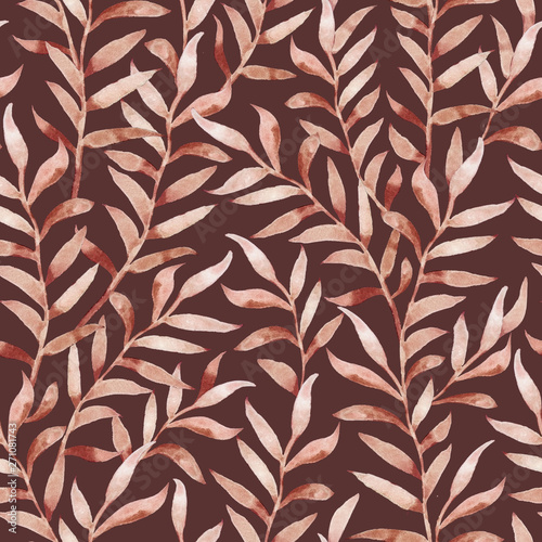 Watercolor floral seamless pattern. Hand drawing black branches with leaves. Design for fabrics, wallpapers, textiles, web design.