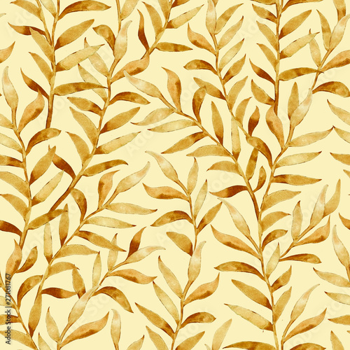 Watercolor floral seamless pattern. Hand drawing beige branches with leaves. Design for fabrics, wallpapers, textiles, web design.