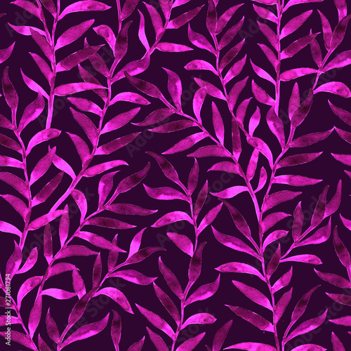 Watercolor floral seamless pattern. Hand drawing purple branches with leaves. Design for fabrics, wallpapers, textiles, web design.