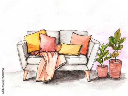 watercolor illlustrate cozy grey sofa with colorful pillows and pink rug and two rubber plants in clay pots photo