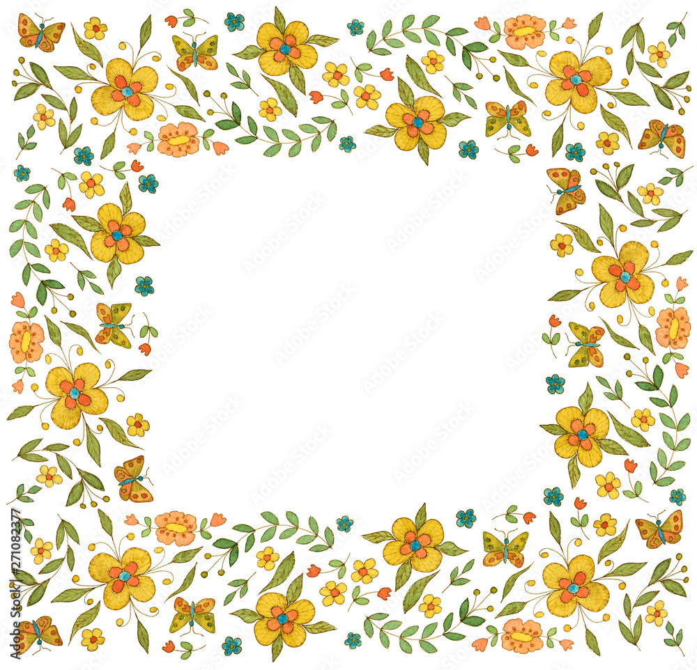 Watercolor square flower frame on white background Watercolor square flower frame on white background