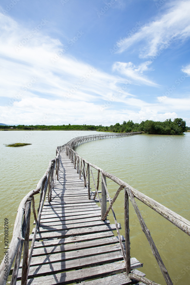 Empty wooden footbridge on a lake.