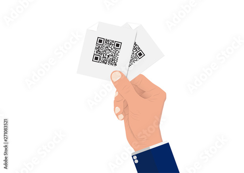 Businessman' hand holding paper with qr code vector illustration