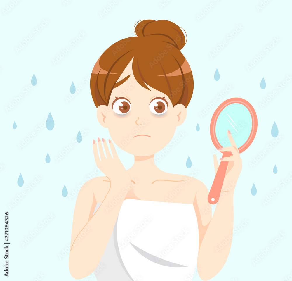 Сute cartoon illustration with a girl with eye bags. Skincare illustration.  Stock Vector | Adobe Stock
