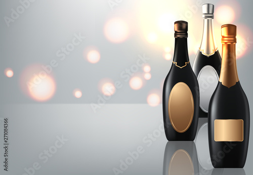 Wineglass and champagne wine bottles