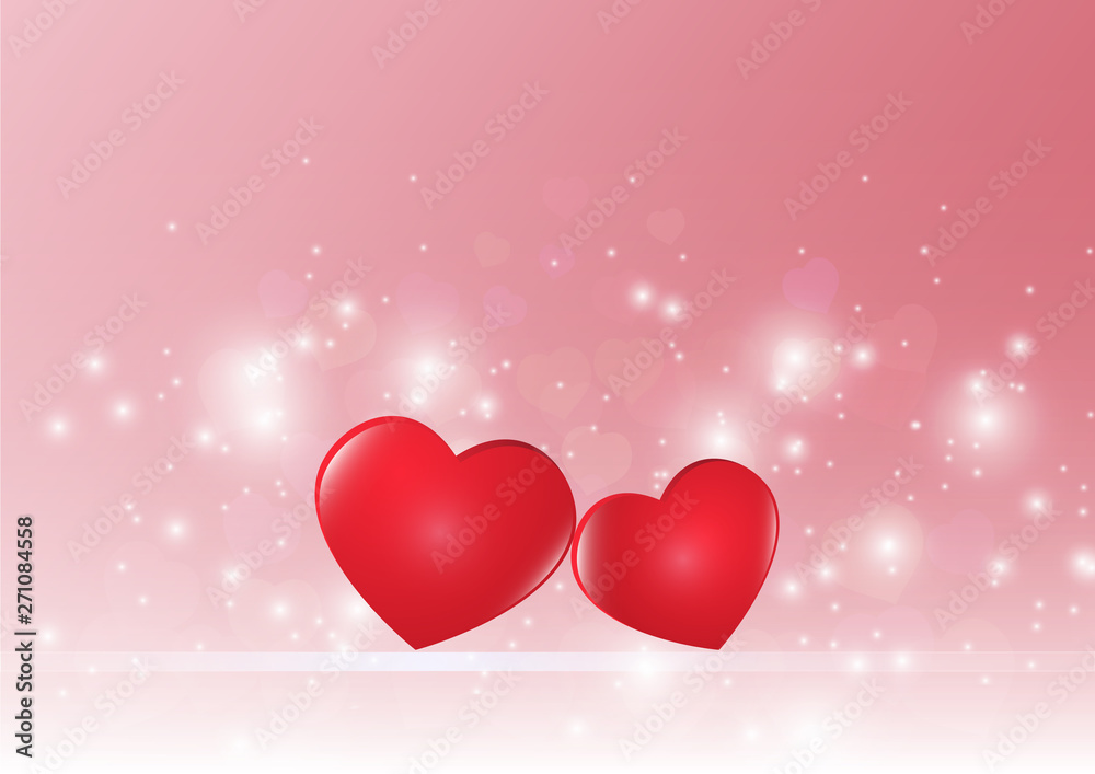 Two red hearts on blurred sweet pink bokeh background vector illustration