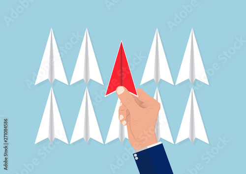Hand picking red paper plane from white planes, business concept of planning choosing the right target and resource vector illustration