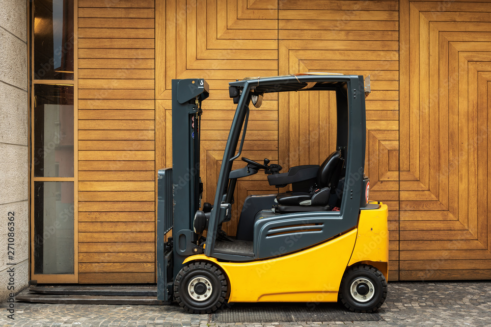 Forklift Truck in Storage Warehouse Ship Yard, Vehicle Factory and Distribution Machine for Products Delivery. Business Industrial Shipping and Logistics Transport.  Transportation Machinery