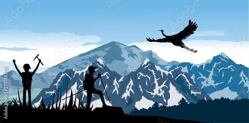 Eco Tourism concept design Wild mountain, climbers tourists silhouette, mountains and forest silhouette, vector