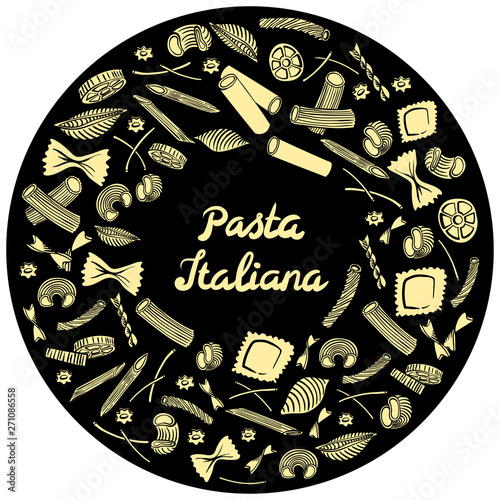 Round frame with italian macaroni of different kinds. light yellow coloured hand draw on black background